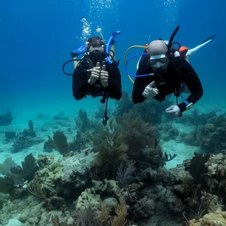 Two men scuba diving near a group of reefs. One is giving a thumbs up. 