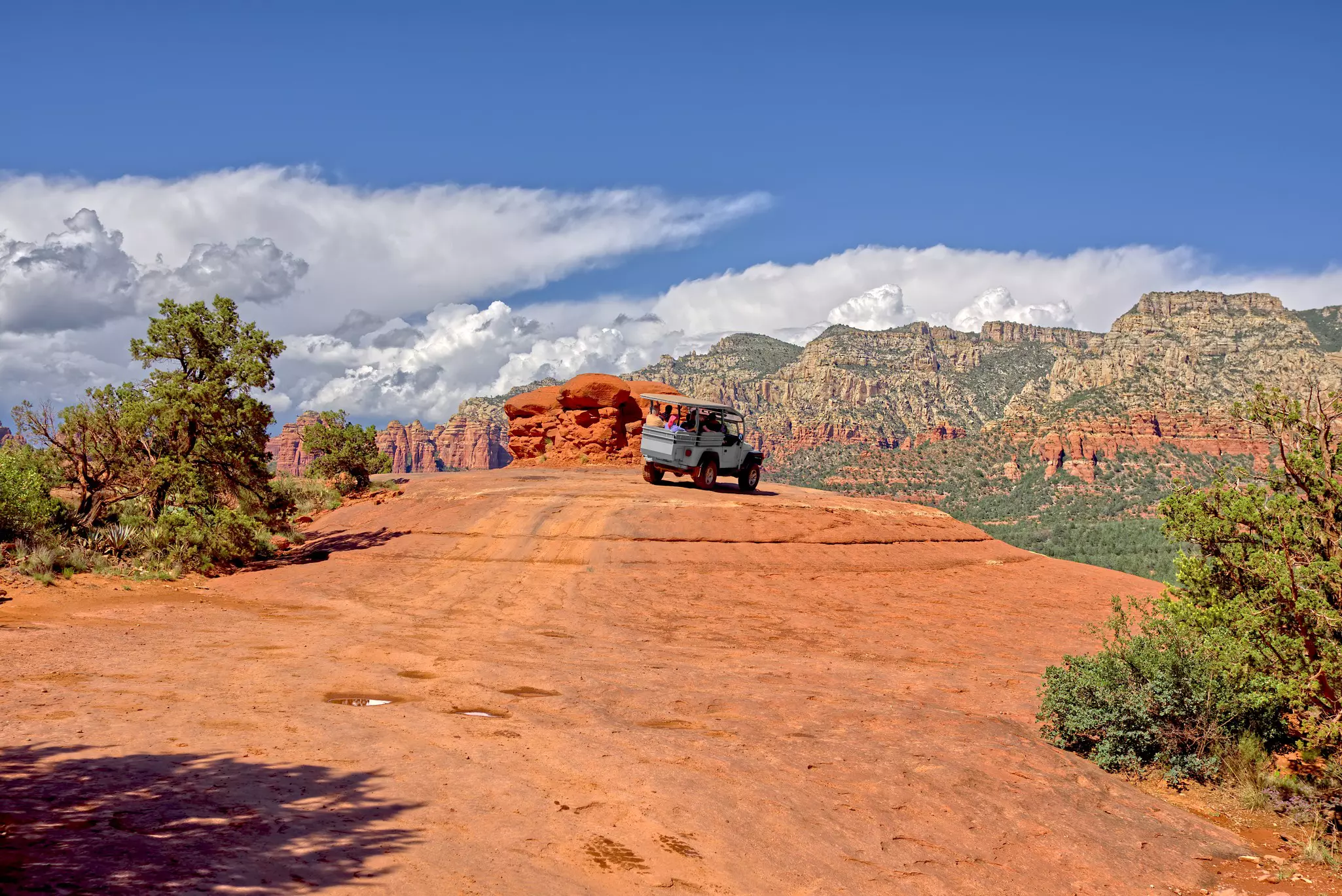 4x4 parked on a desert road with blue skies overhead