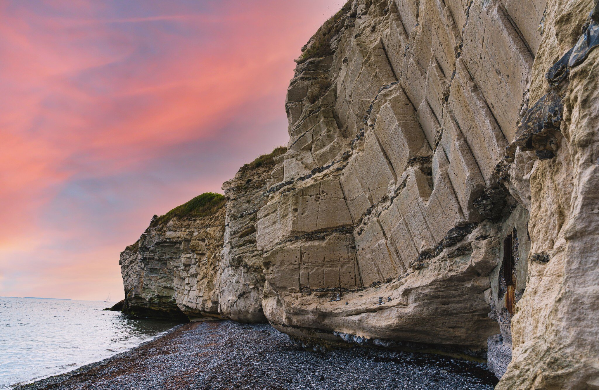Stevns Klint, a cliff formation on the  eastern coast of Denmark. Sunset view.