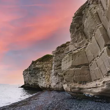 Stevns Klint, a cliff formation on the  eastern coast of Denmark. Sunset view.