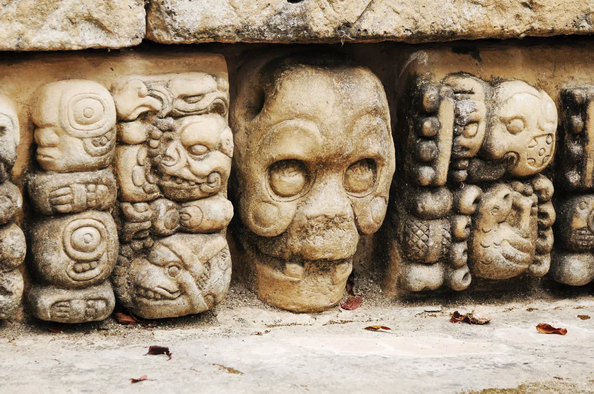 Carved Mayan glyphs on a lintel at Copán in Honduras.