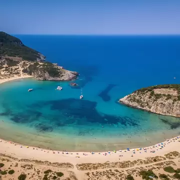 Panoramic aerial view of voidokilia beach, one of the best beaches in mediterranean Europe, beautiful lagoon of Voidokilia from a high point of view, Messinia, Greece; Shutterstock ID 1007122711;
