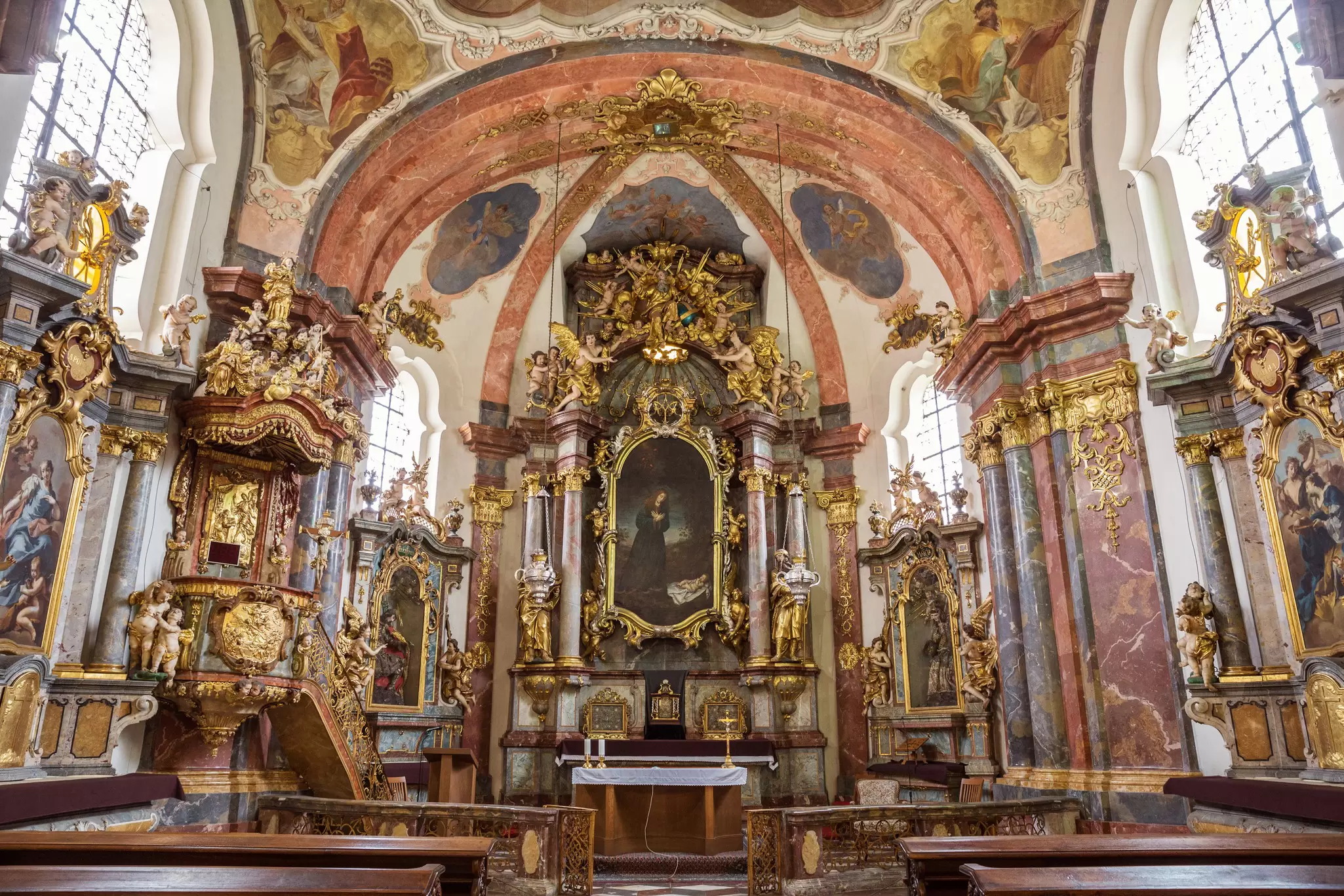 Interior view of the Church of the Nativity of Our Lord within the Loreta complex in Prague, Czechia.