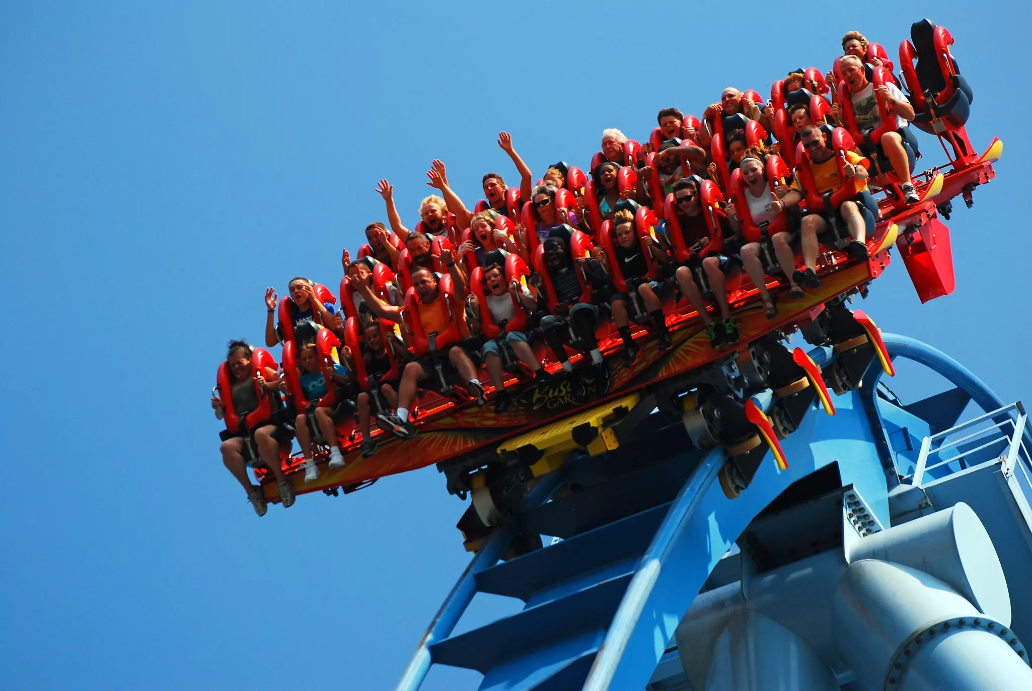 Riders on a roller coaster descend rapidly down the track at Busch Gardens Williamsburg, Virginia. 
