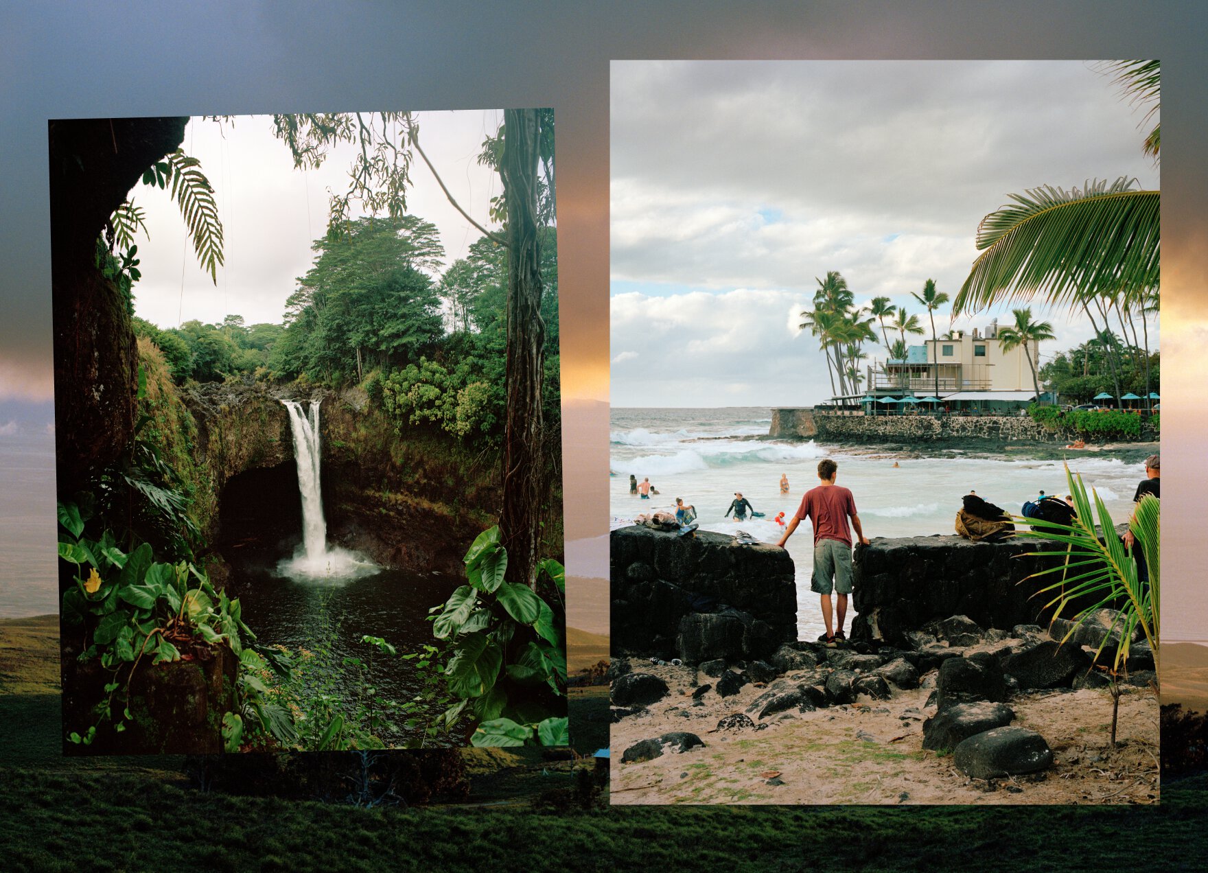 Left: Waterfall; Right: Beach in Kona