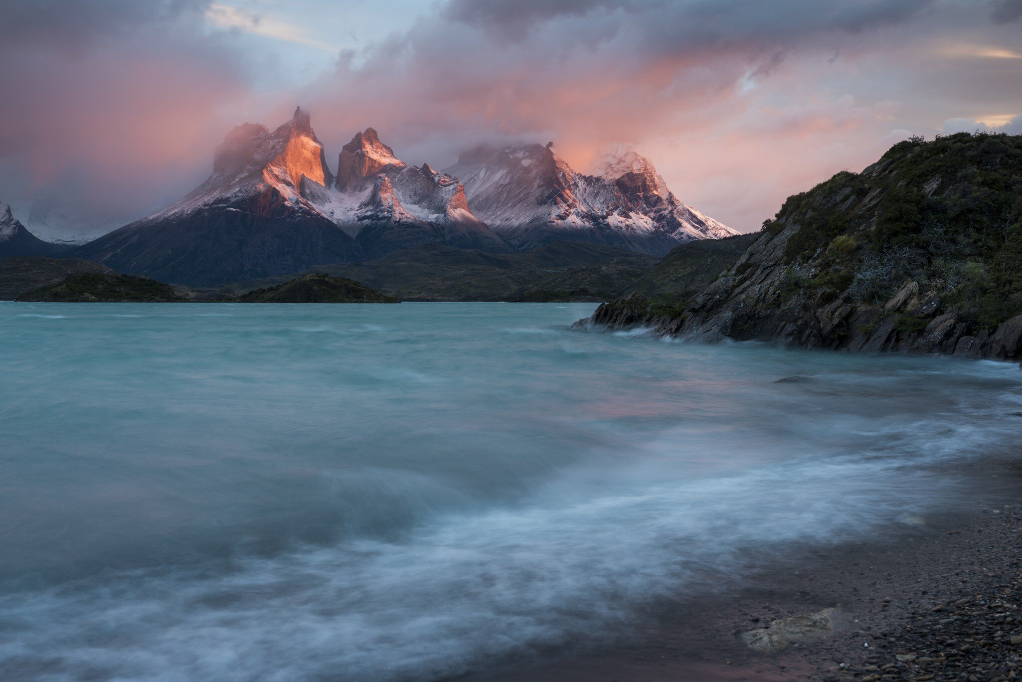 Dawn over Lago Pehoe, Torres del Paine National Park, Patagonia, Chile