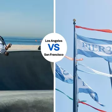 Left: Venice Beach, Los Angeles, California. Iain Donaldson/Shutterstock Right: Flags over Pier 39, San Francisco, California Benjamin Heath for Lonely Planet