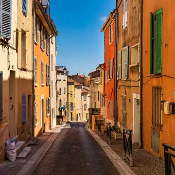 A colorful backstreet in the old town in Hyères, France. 