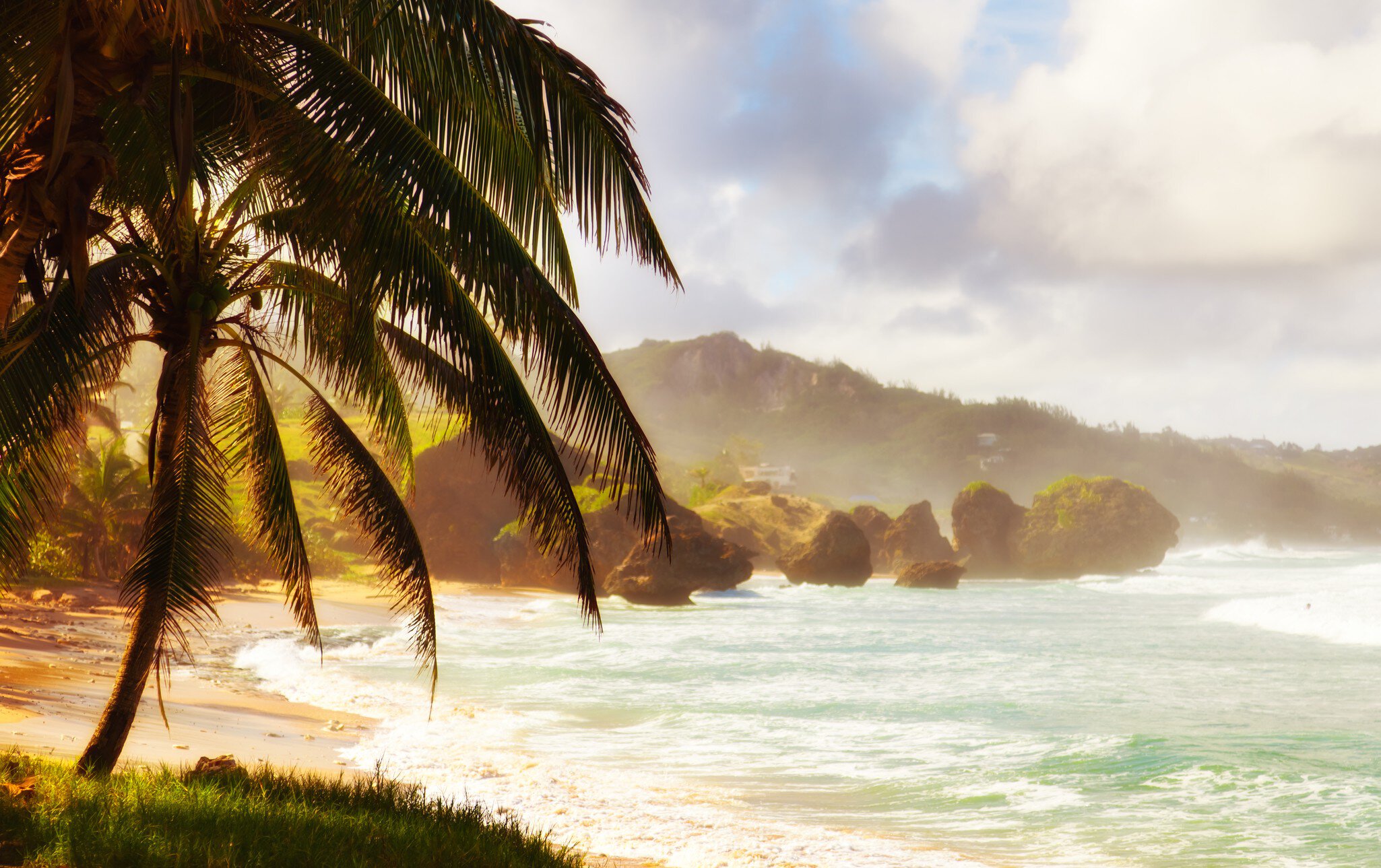 Sunset at the beach in Bathsheba, East coast of Barbados, Lesser Antilles.