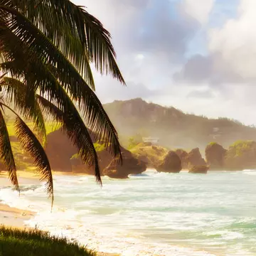 Sunset at the beach in Bathsheba, East coast of Barbados, Lesser Antilles.