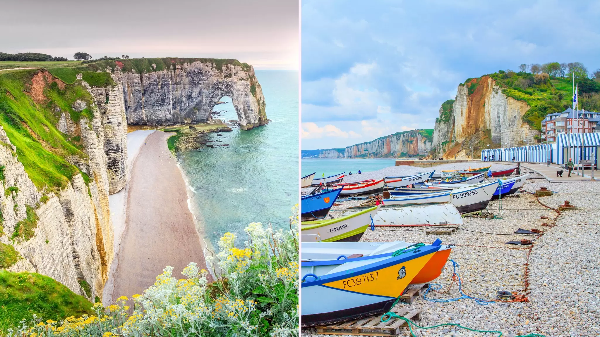 The much visited cliffs of Étretat (left); the same high chalk cliffs can be seen at sleepy Yport, 20 minutes further along the road © Shutterstock
