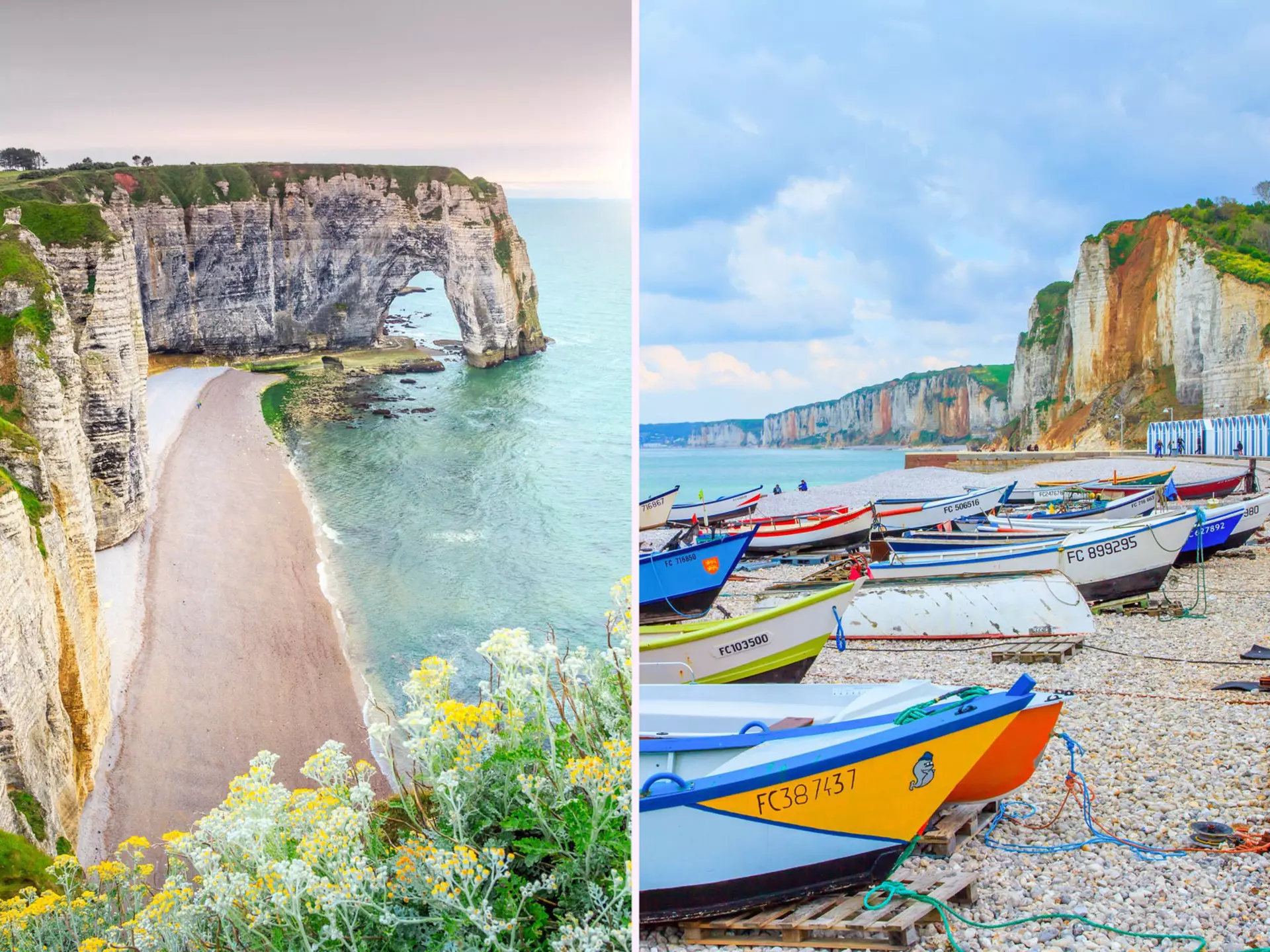 The much visited cliffs of Étretat (left); the same high chalk cliffs can be seen at sleepy Yport, 20 minutes further along the road © Shutterstock