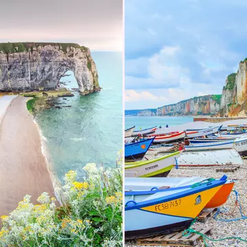 The much visited cliffs of Étretat (left); the same high chalk cliffs can be seen at sleepy Yport, 20 minutes further along the road © Shutterstock