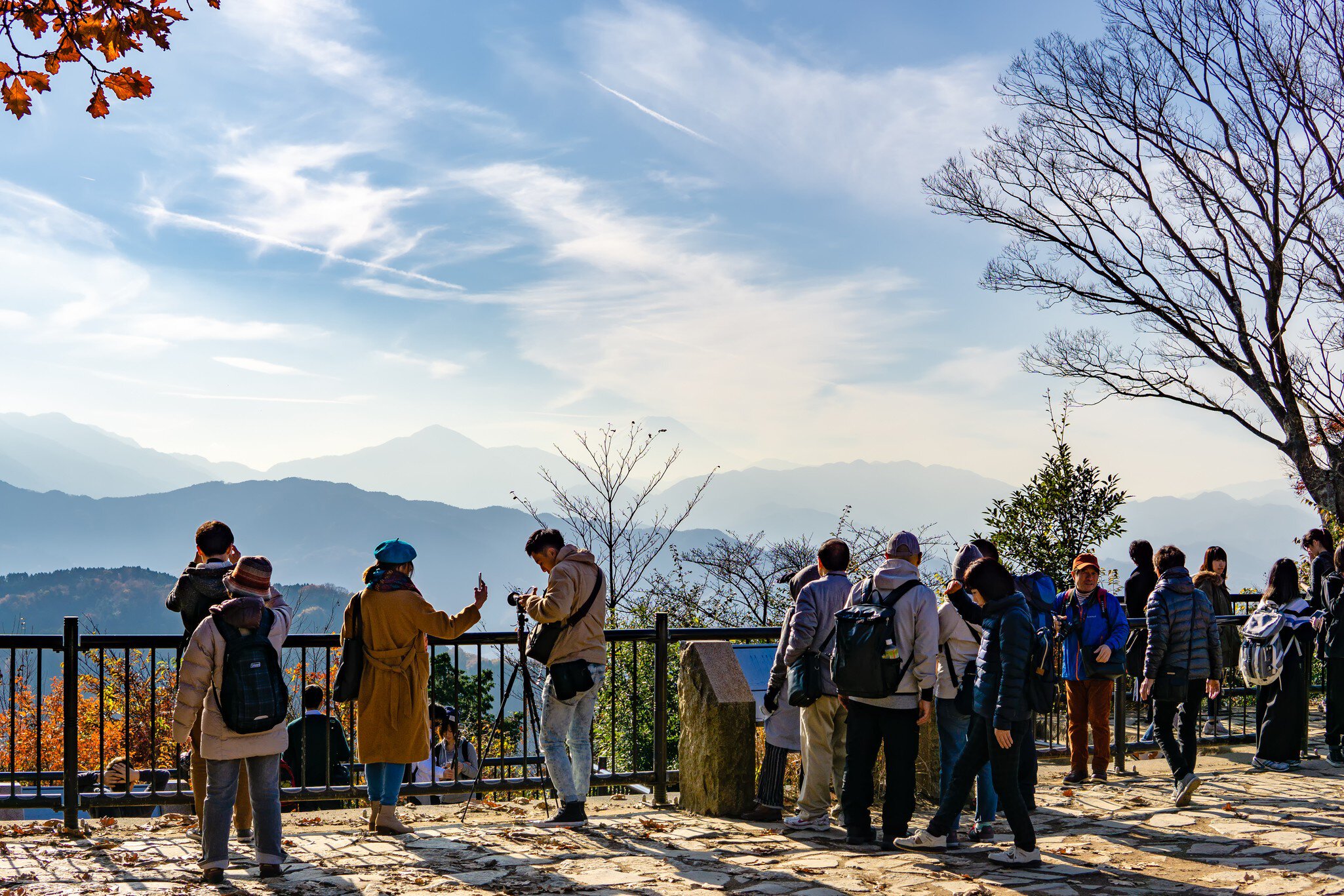 A crowd gathers at a mountain lookout.