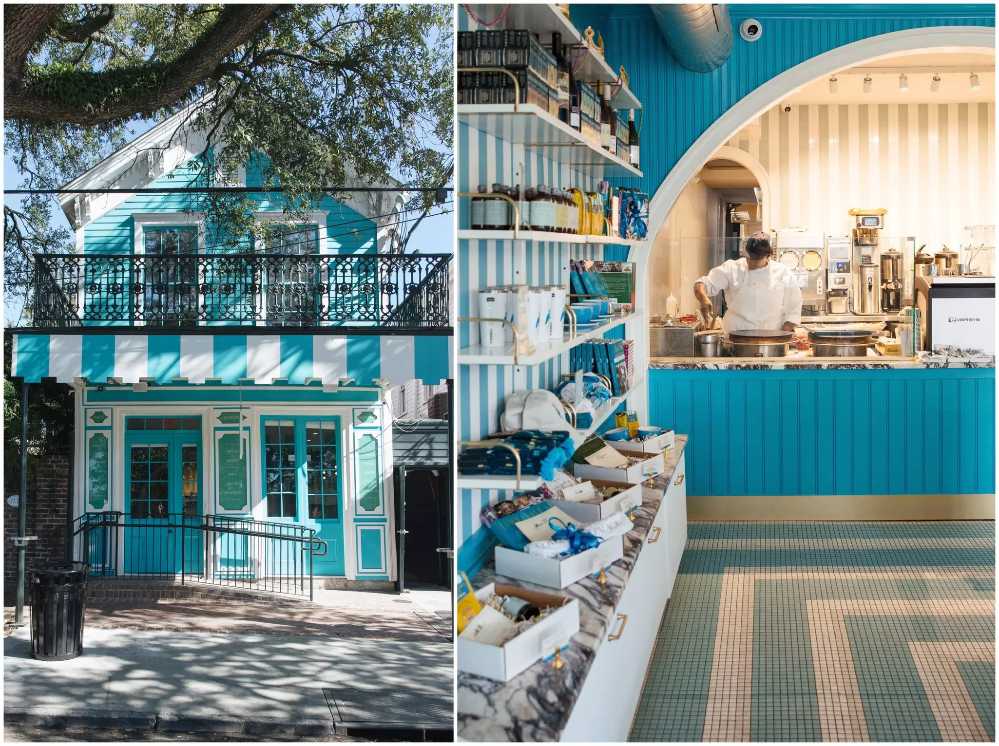 The Le Petit Bleu at Commander’s Palace storefront in New Orleans and the counter and shelves inside.