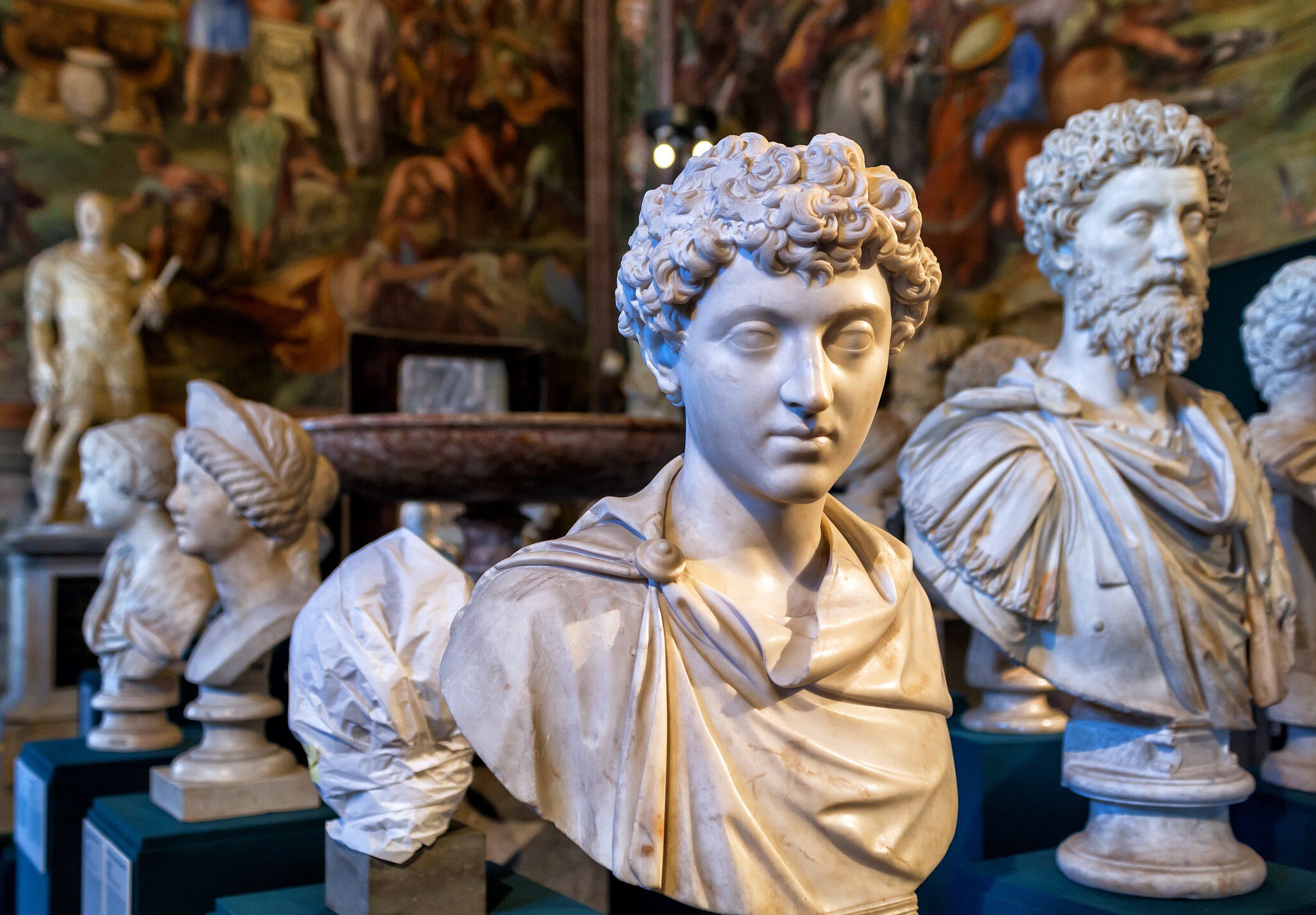 Antique marble busts inside the Capitoline Museum in Rome, Italy.