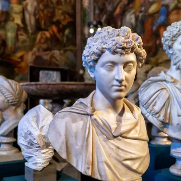 Antique marble busts inside the Capitoline Museum in Rome, Italy.