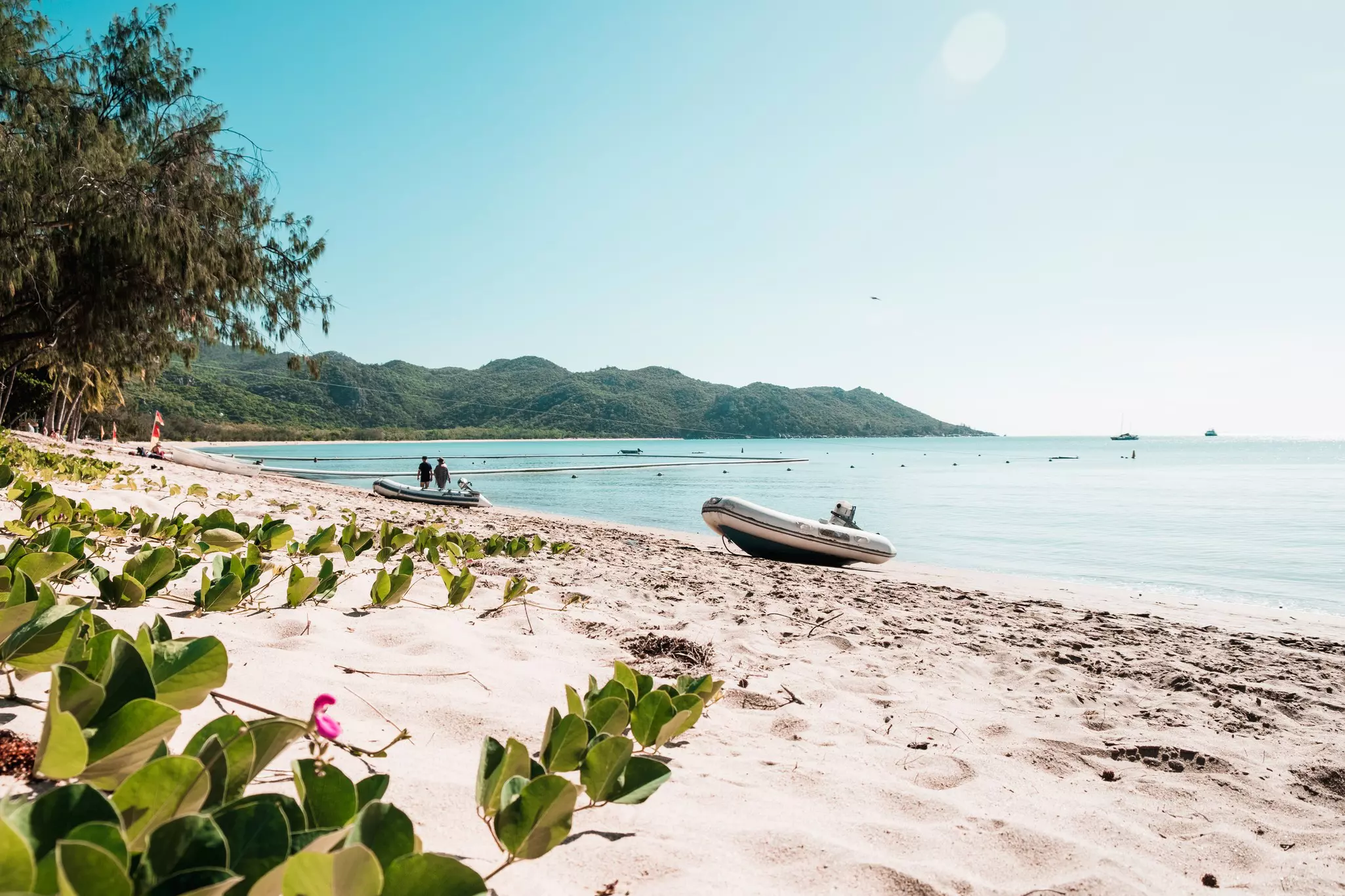 Two empty inflatable boats resting on a sandy beach of a tropical island.