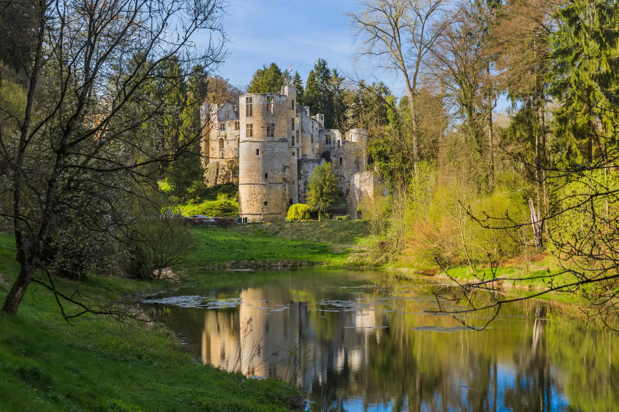 A ruined castle is seen on the far side of a pond in the woods.