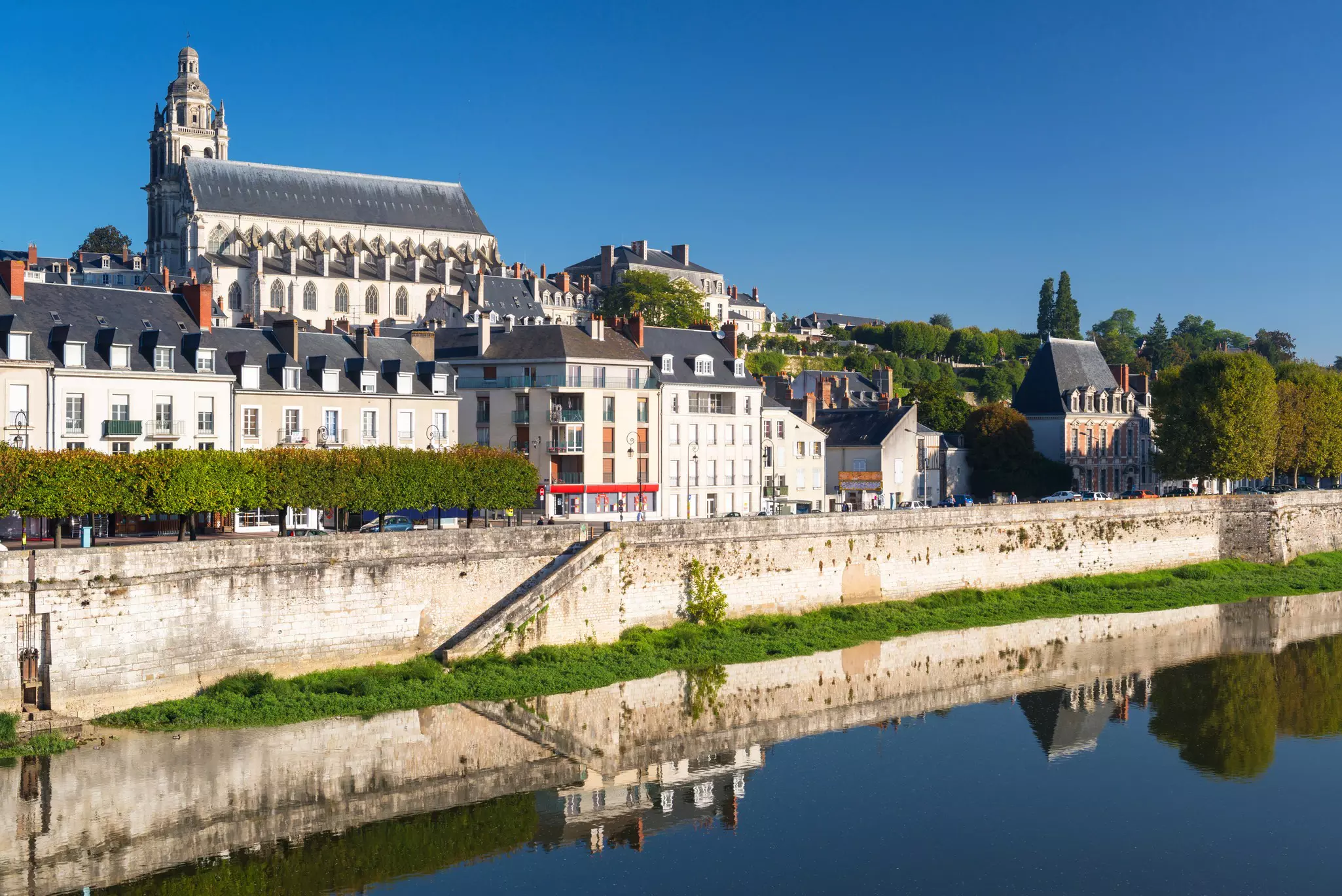 Old town of Blois in the Loire Valley, France. The cathedral of St. Louis on top.
