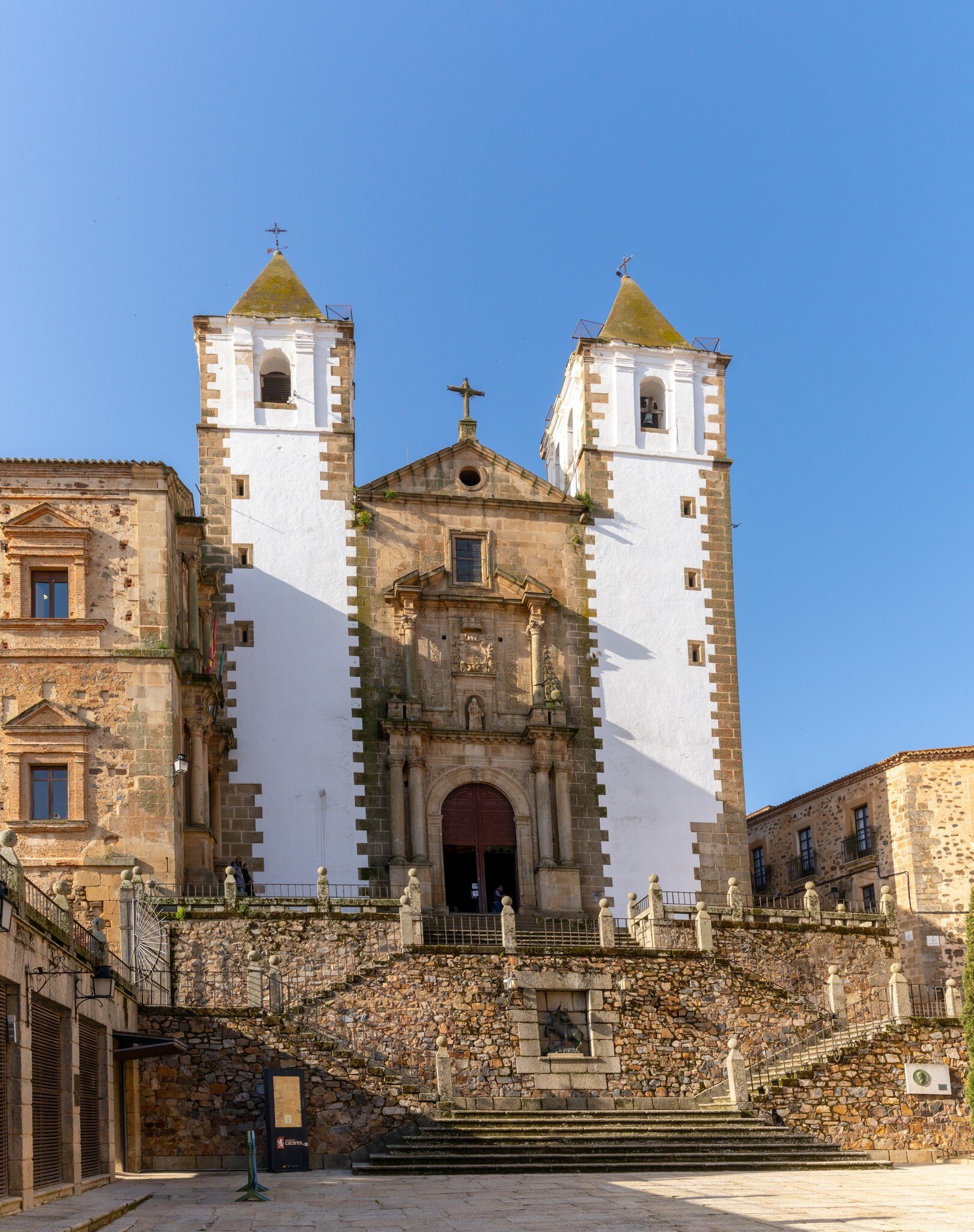 View of the historic Iglesia de San Francisco Javier in the historic old town of Cáceres, Spain.