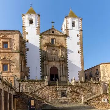 View of the historic Iglesia de San Francisco Javier in the historic old town of Cáceres, Spain.