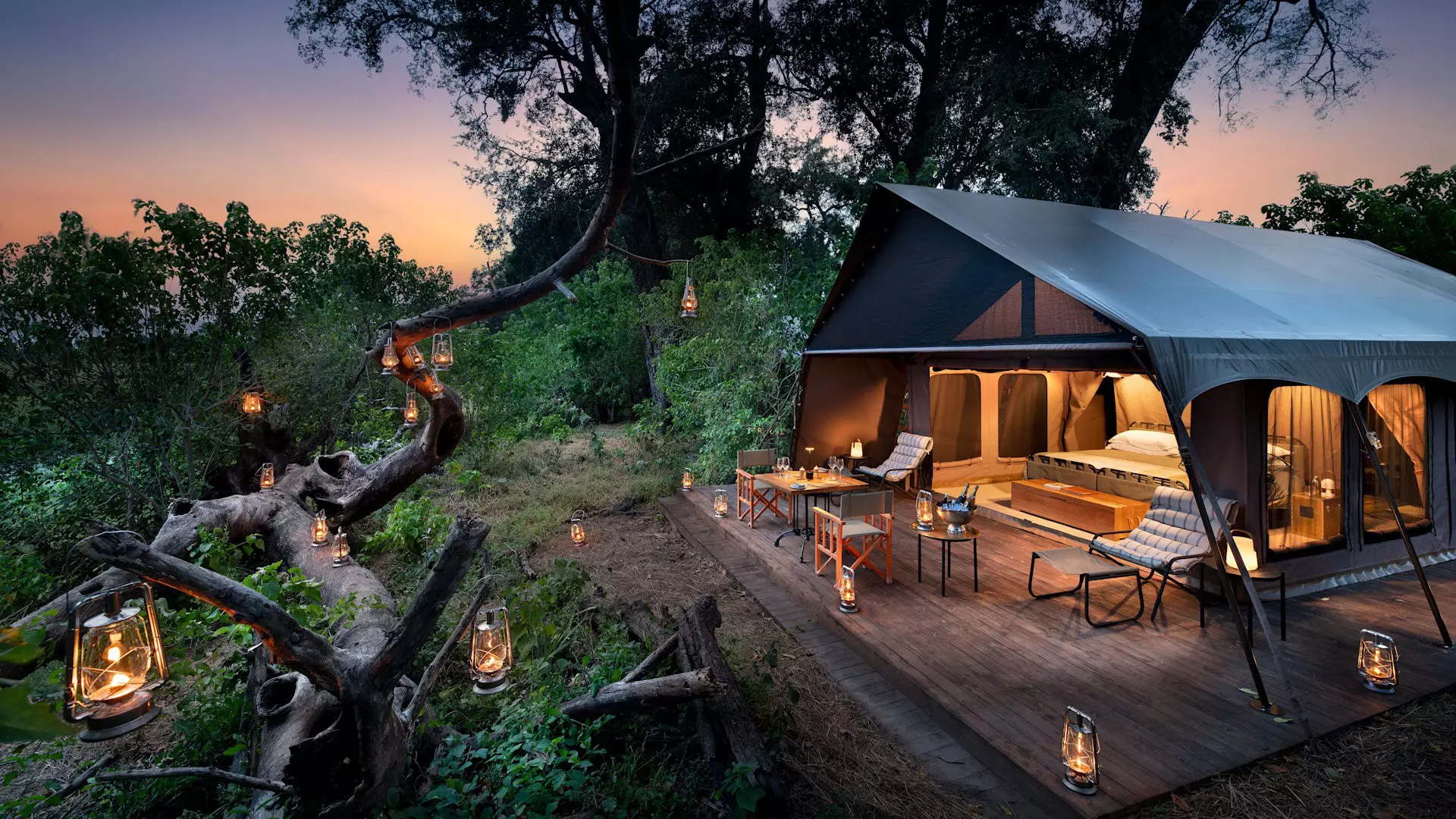 A large tent with a bed and seating around it near a bare tree with hanging lanterns