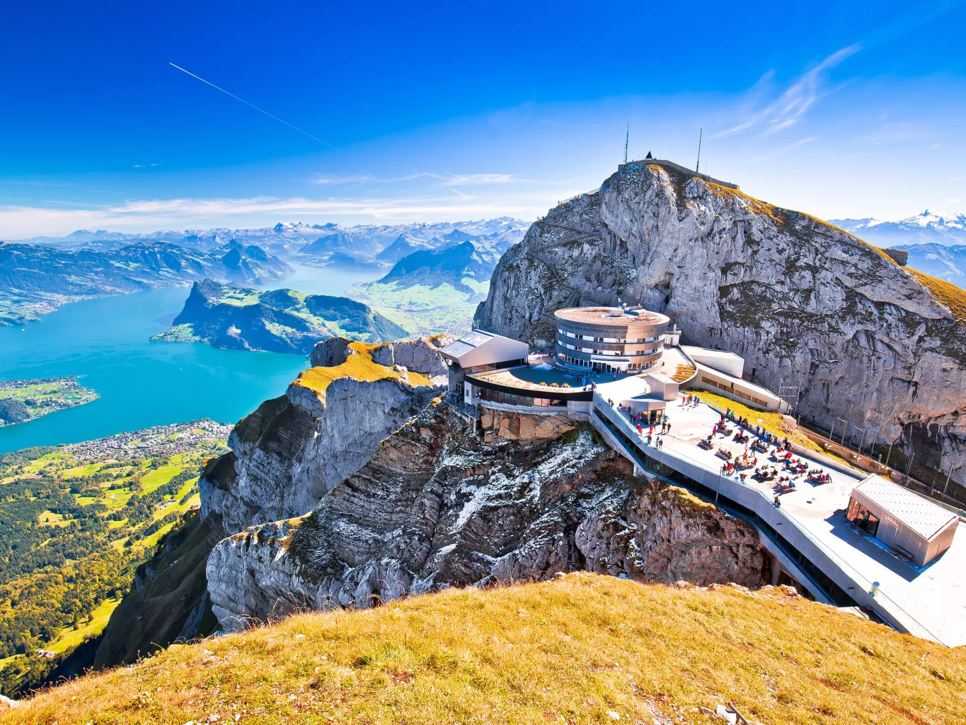 Pilatus Kulm mountain peak and Lucerne lake view, alpine peaks of Switzerland