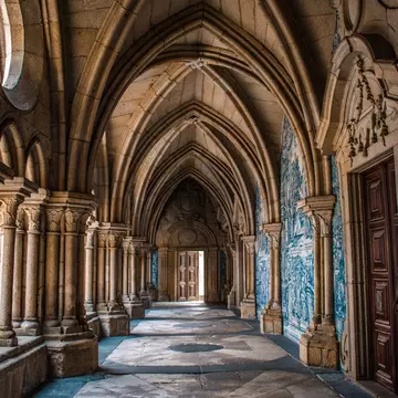 Cloisters within a cathdral. The walls are decorated with blue and white tiles.