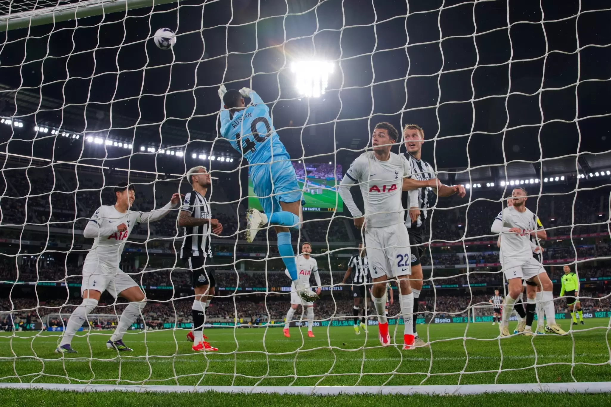 Goalkeeper, Brandon Austin of Tottenham jumps to push the ball during the Exhibition match between Tottenham and Newcastle at the MCG on May 22, 2024 in Melbourne, Australia