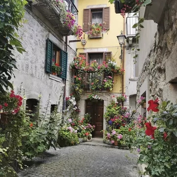 A series of white-stone village houses with pots of brightly colored flowers outside