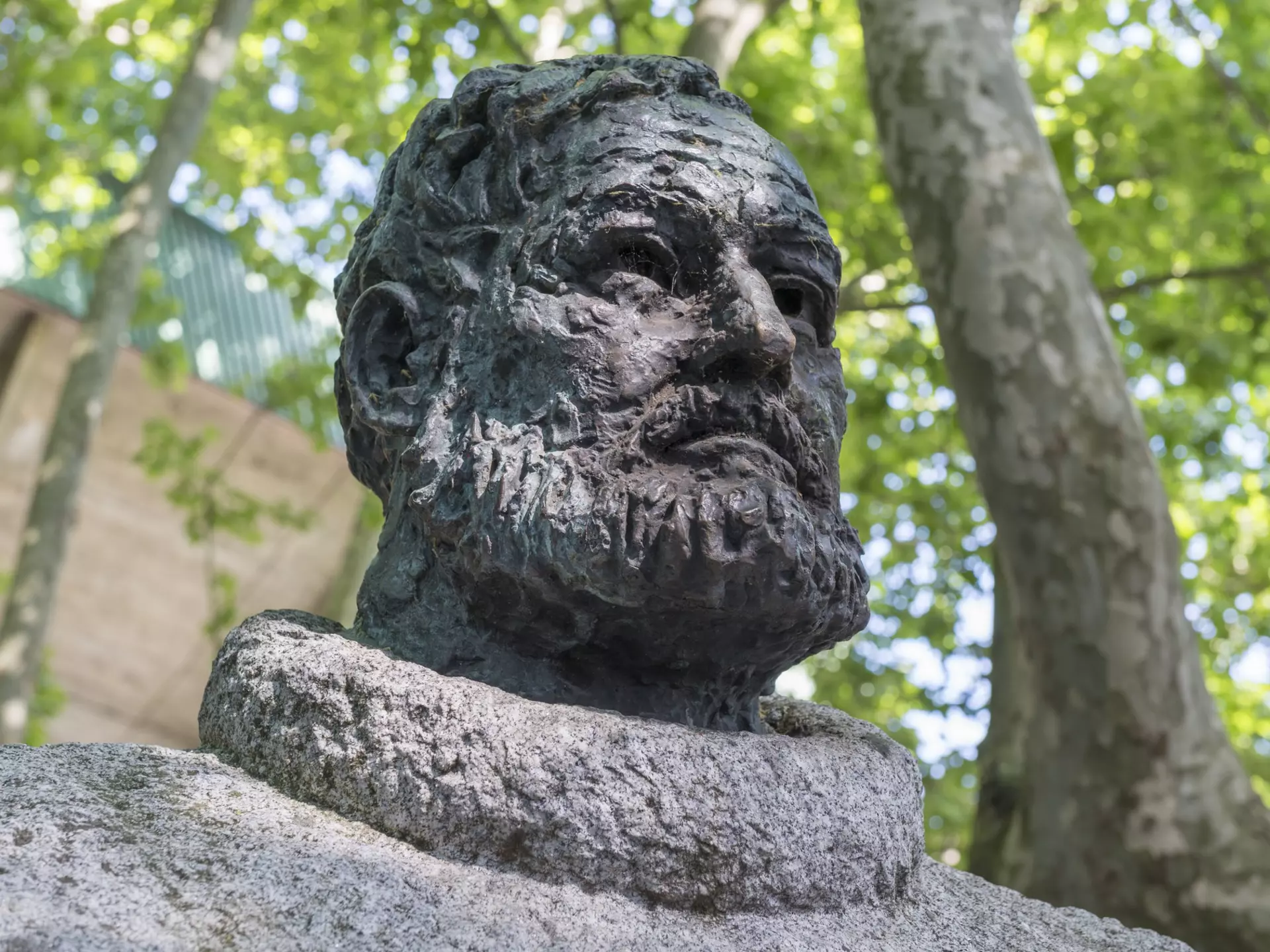 A statue of a bearded man under trees.
