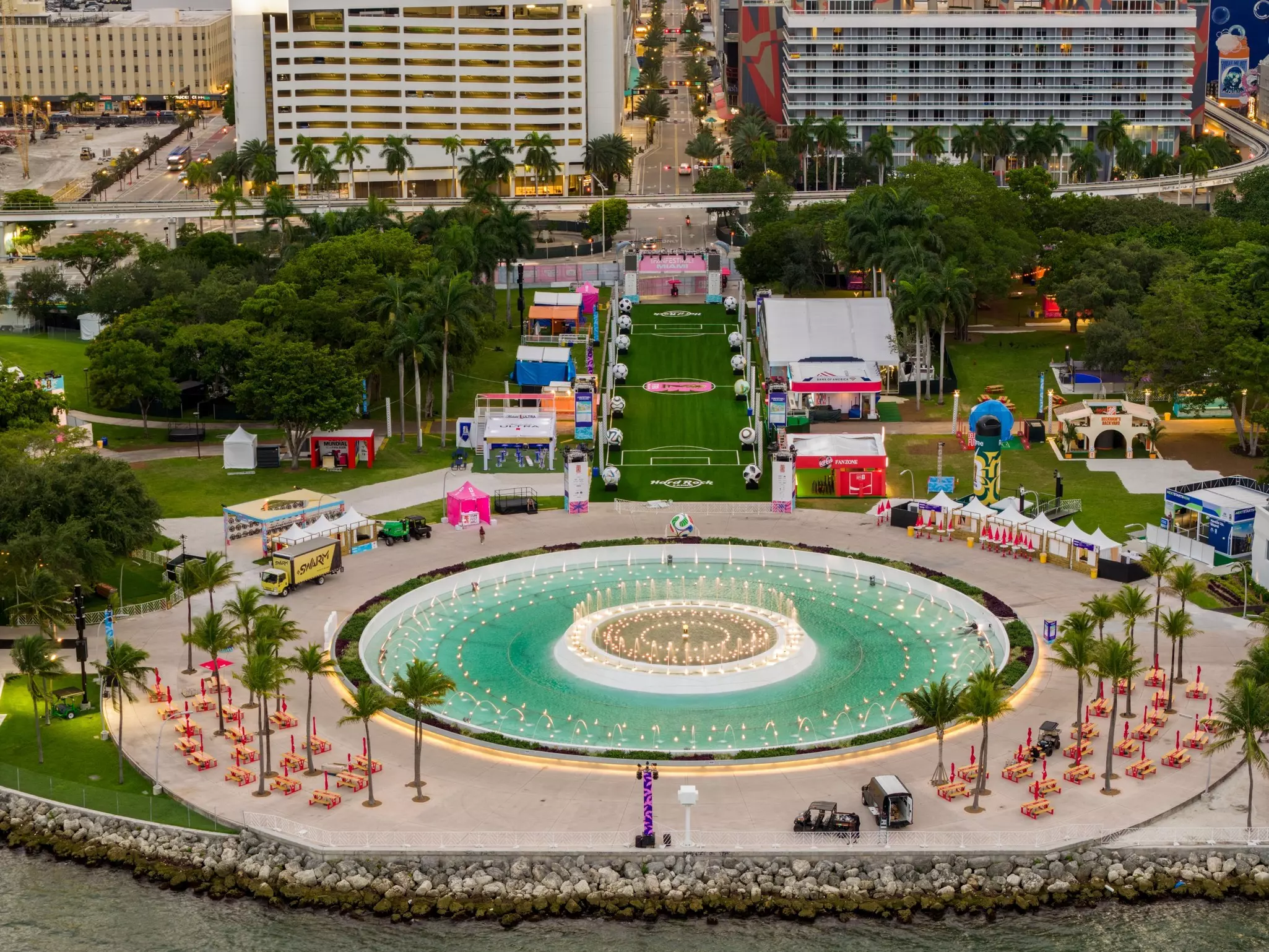 Aerial view of a park transformed into a FIFA Fan Festival.