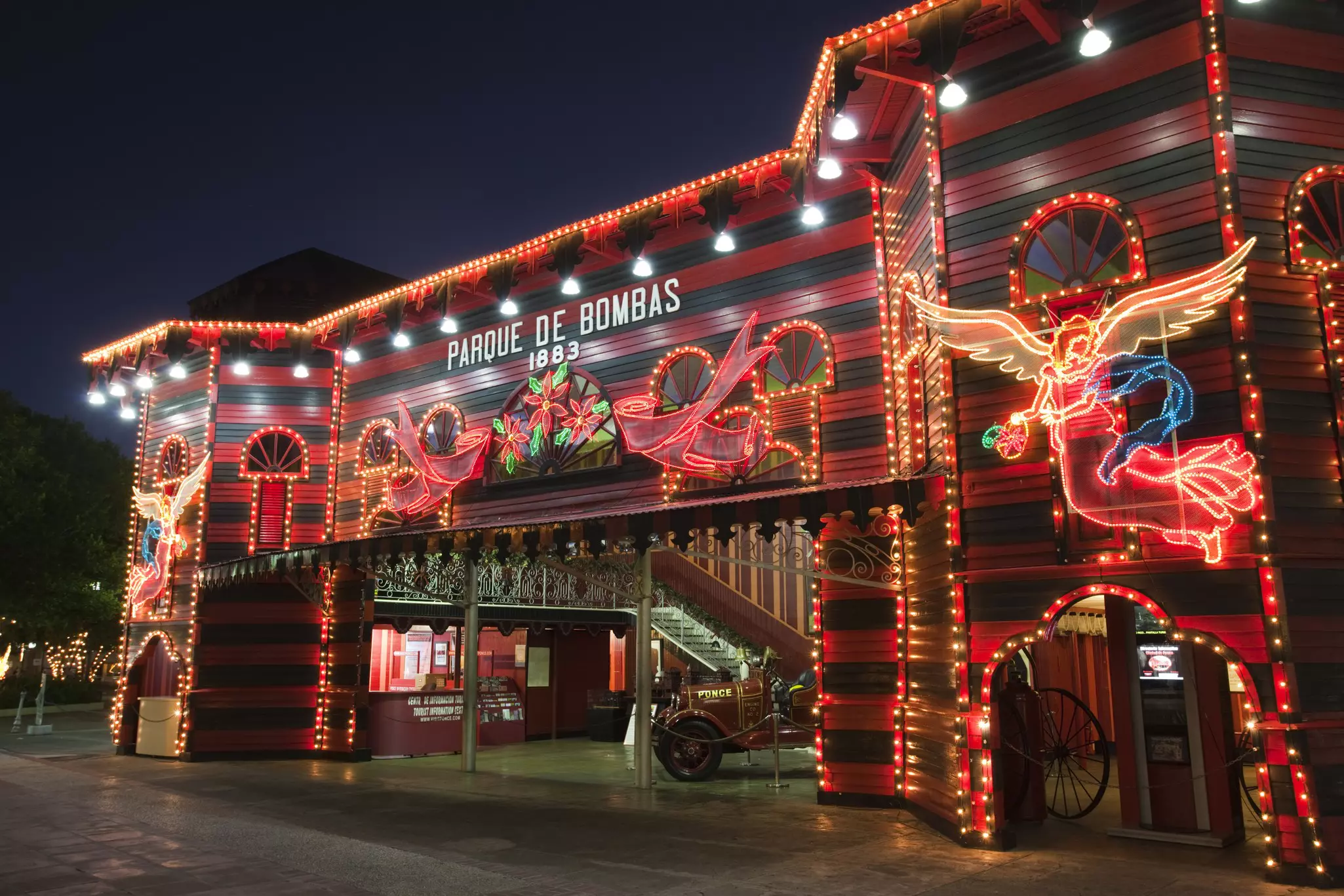 Night view of the historic fire station in Ponce