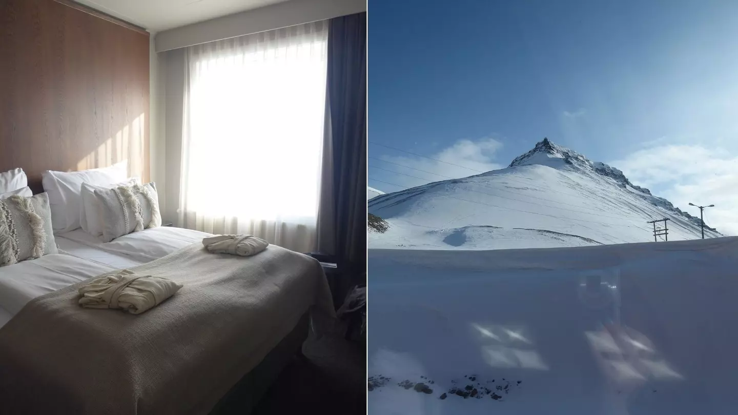 Left: A bedroom at Funken Lodge. Right: A view of a glacier from the room