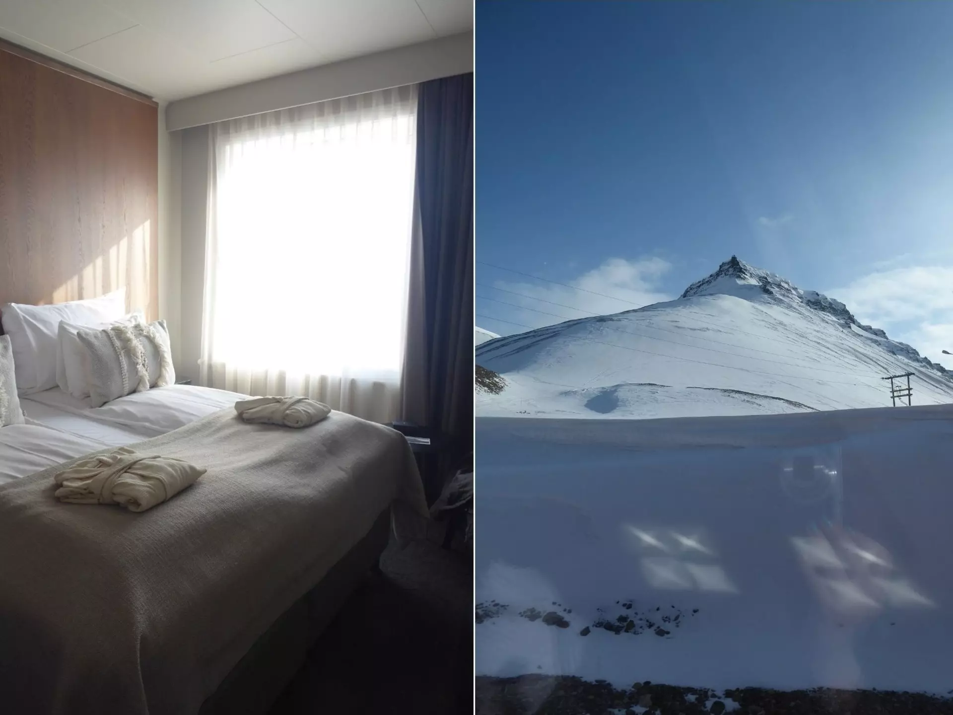 Left: A bedroom at Funken Lodge. Right: A view of a glacier from the room