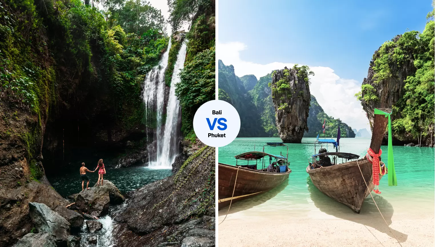 Aling Aling Waterfall in Bali vs Ao Phang-Nga in Phuket. iStock