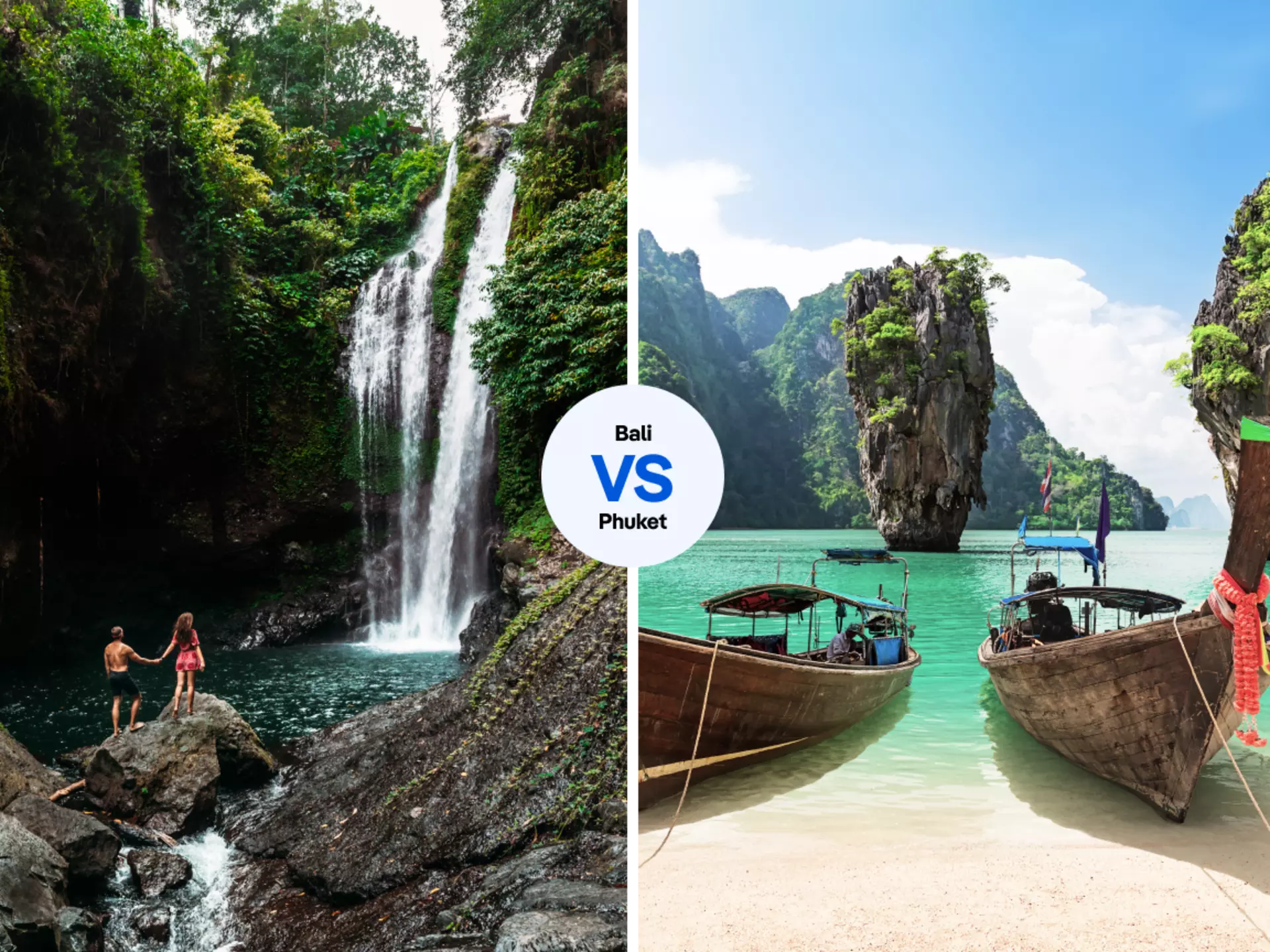 Aling Aling Waterfall in Bali vs Ao Phang-Nga in Phuket. iStock