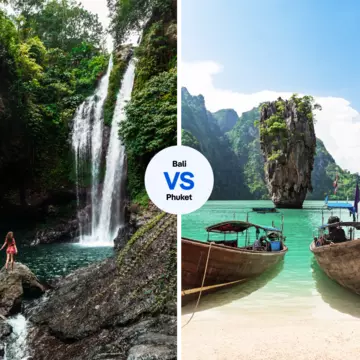 Aling Aling Waterfall in Bali vs Ao Phang-Nga in Phuket. iStock