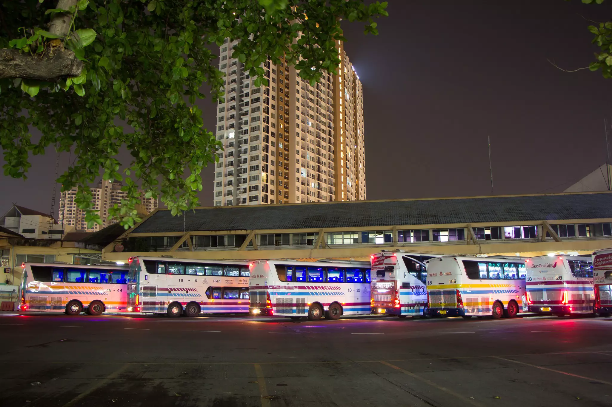 A row of large coaches waiting at a bus station at night.