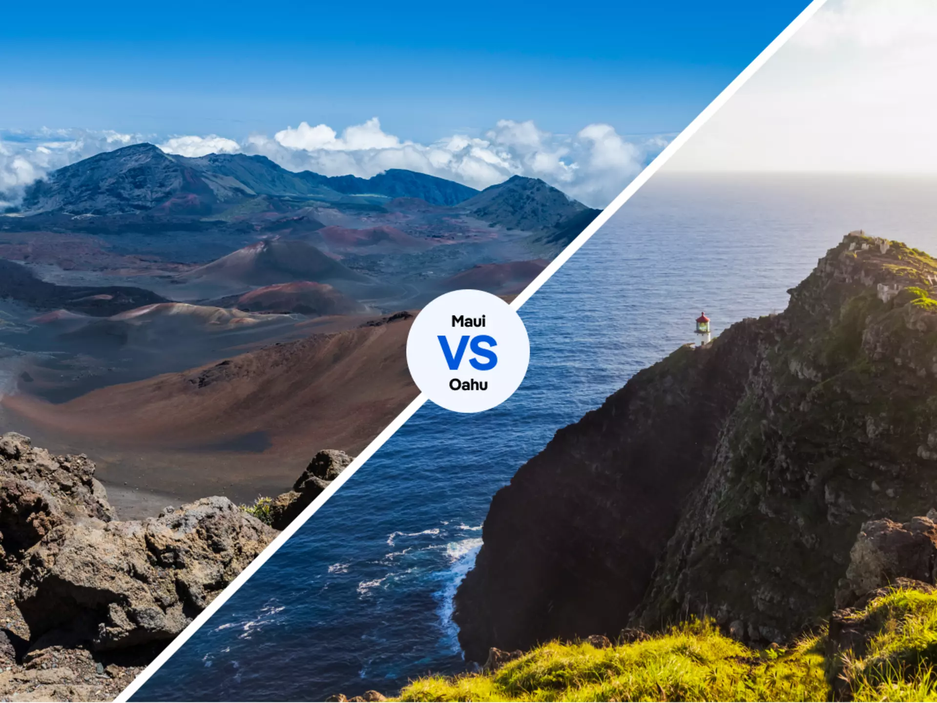 Maui’s Haleakalā National Park vs. Makapuʻu Lighthouse in O‘ahu. Left, iStock, Right, Getty Images