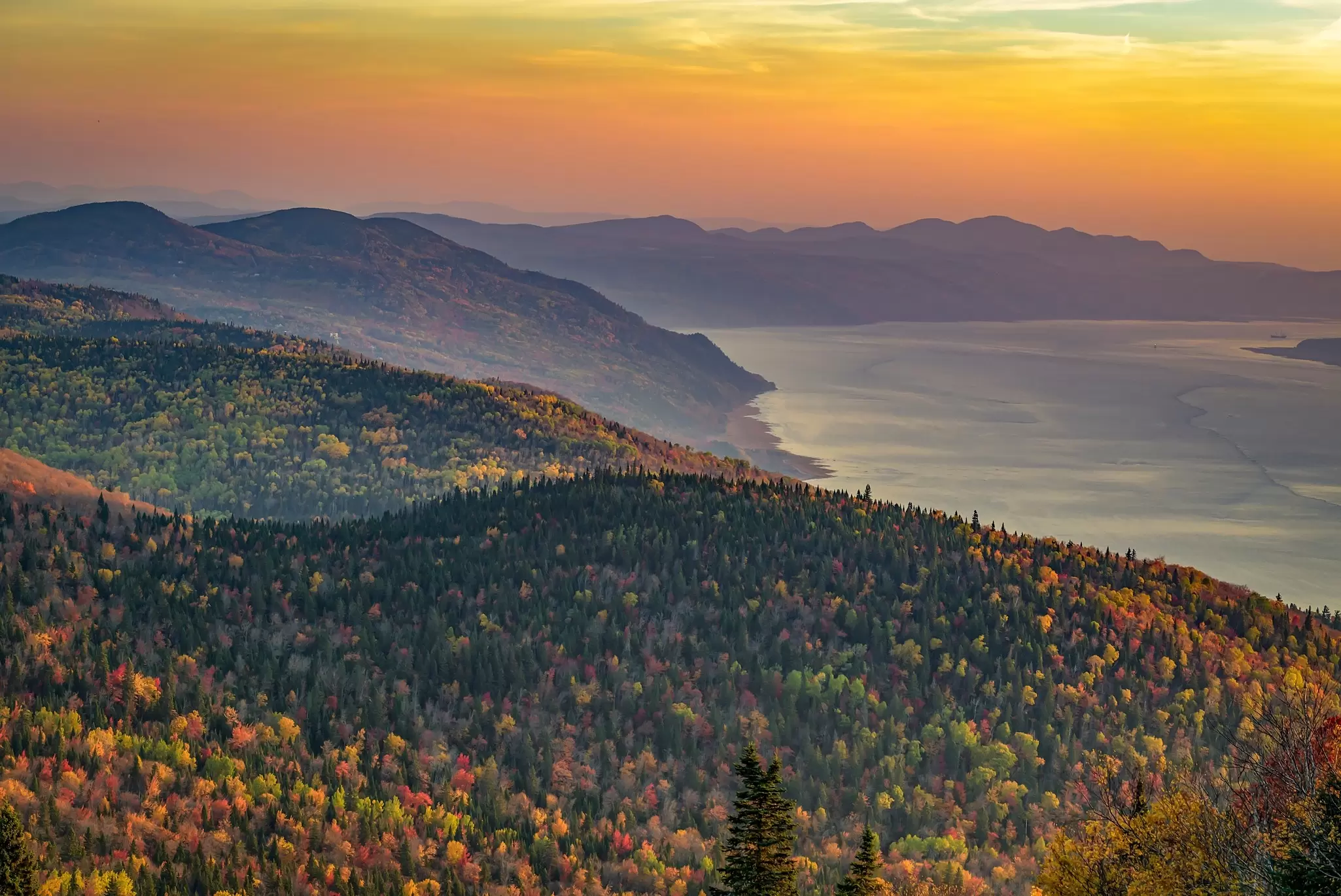 Mountain peaks next to a lake that are covered in fall foliage
