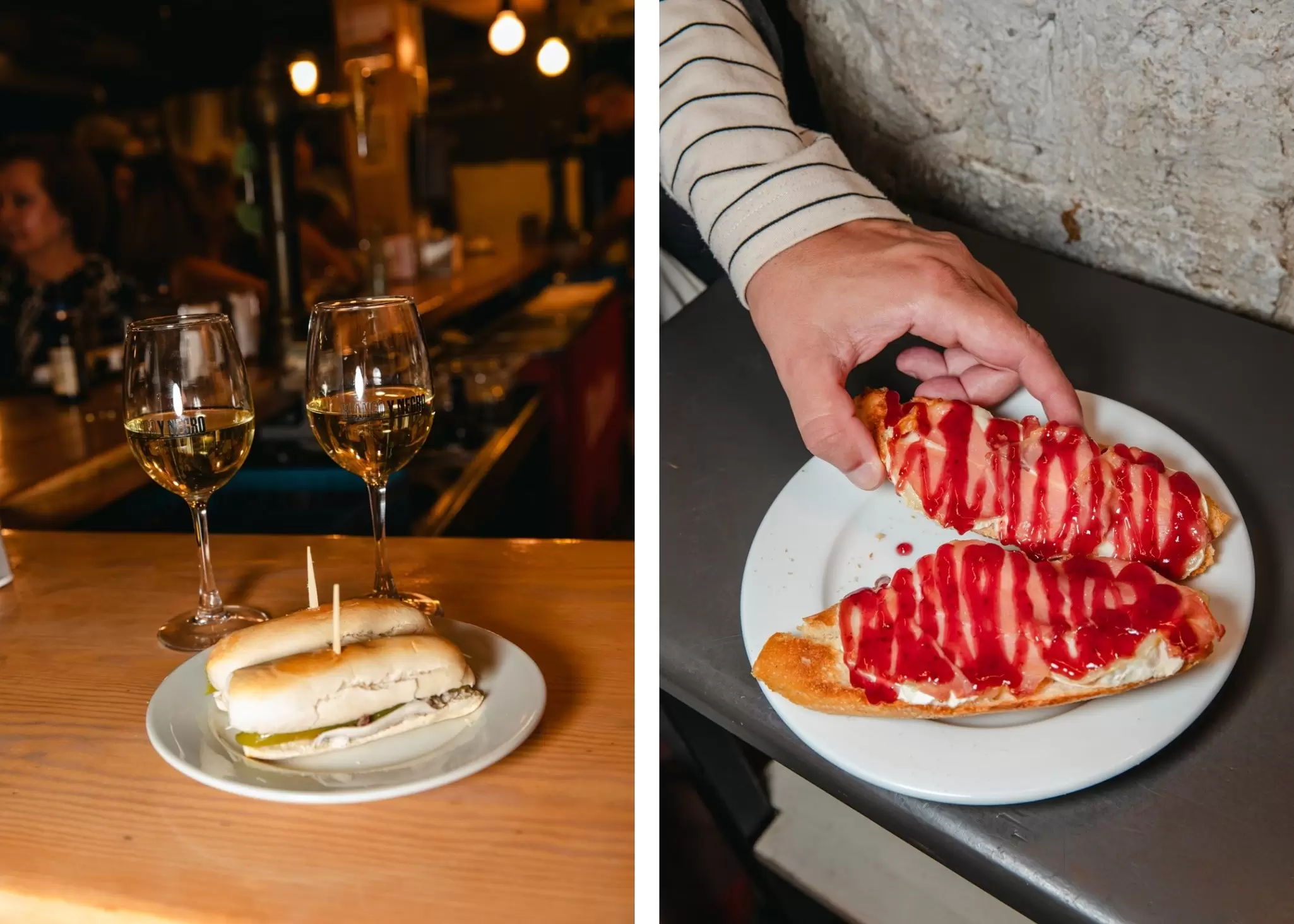 Left & Right: Portions of pintxos at Blanco y Negro, the oldest bar on Calle Laurel in Logroño, Spain.