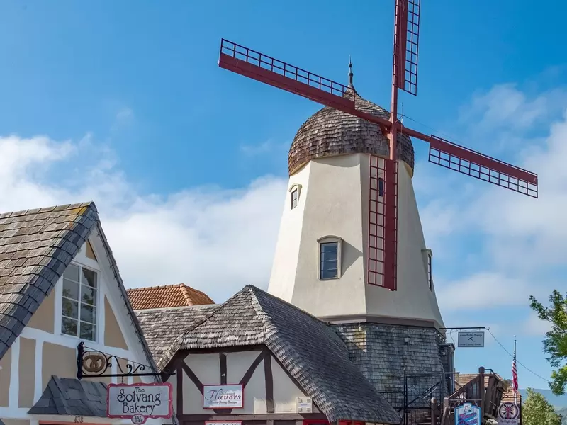 Old wind mill in Solvang historic downtown, Santa Ynez Valley in Santa Barbara County. 