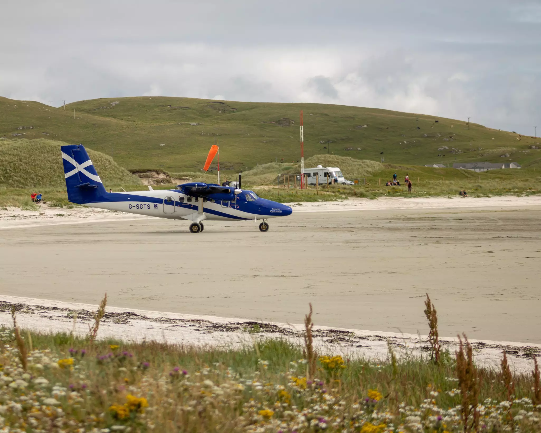 Plane on the sand at Barra Airport, Outer Hebrides, Scotland.