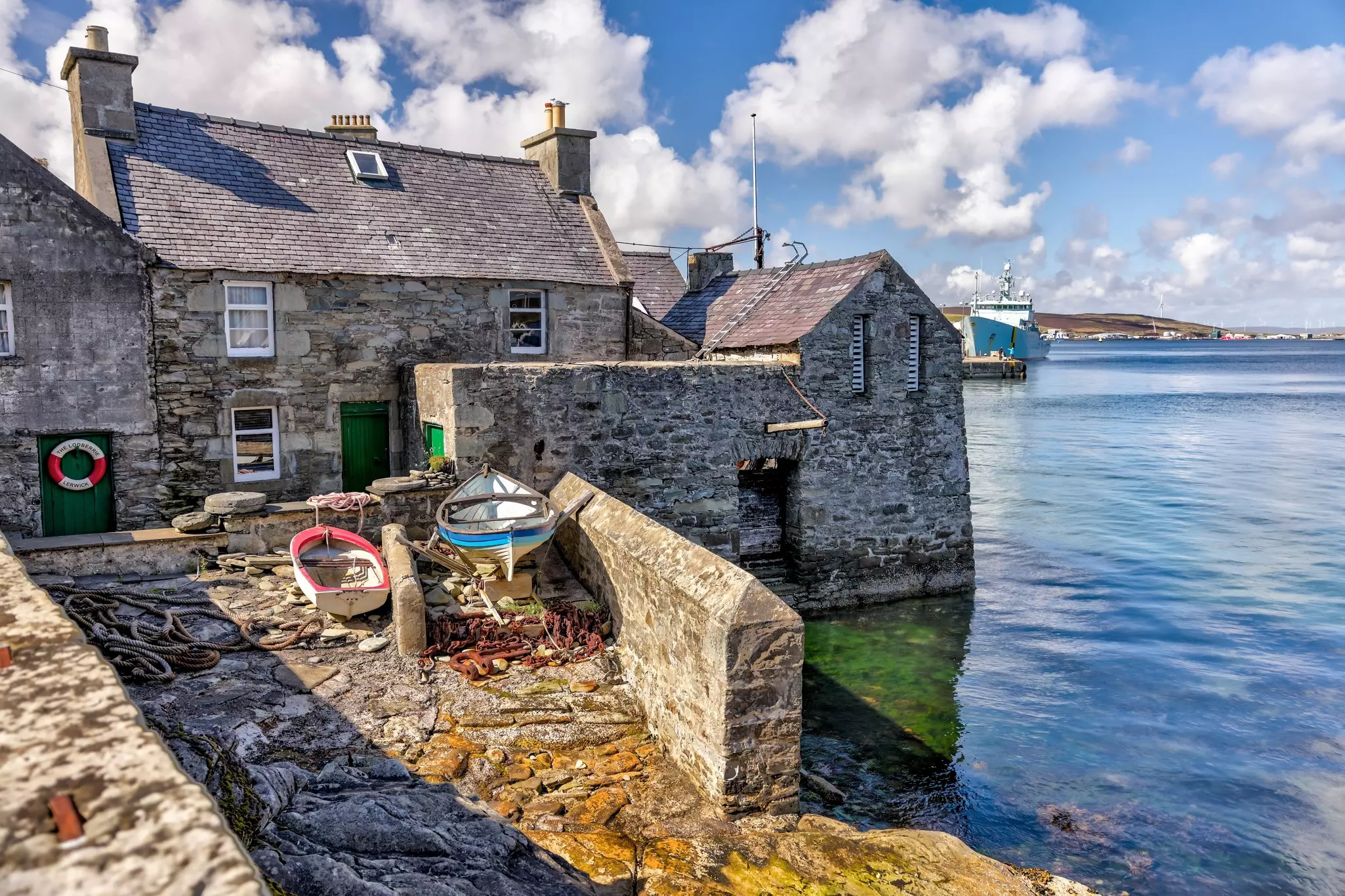 Buildings along the shores of Lerwick Harbour in Scotland's Shetland Islands.