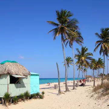 A sandy beach with a handul of huts and several palm trees on a sunny day.