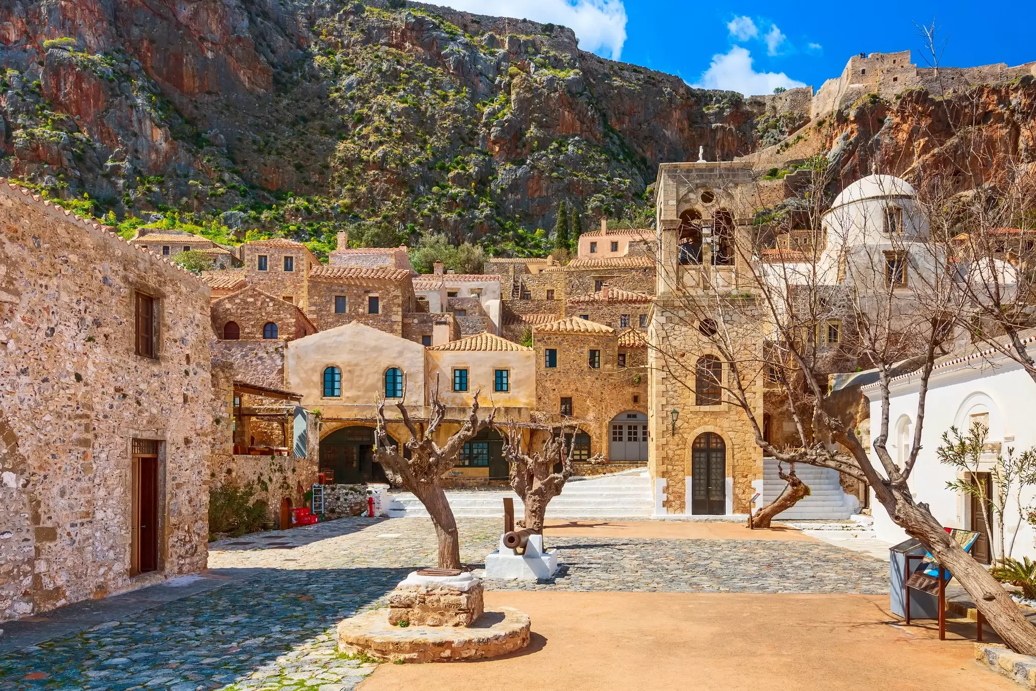 The cobbled square in the fortified town of Monemvasia in the Peloponnese, Greece.
