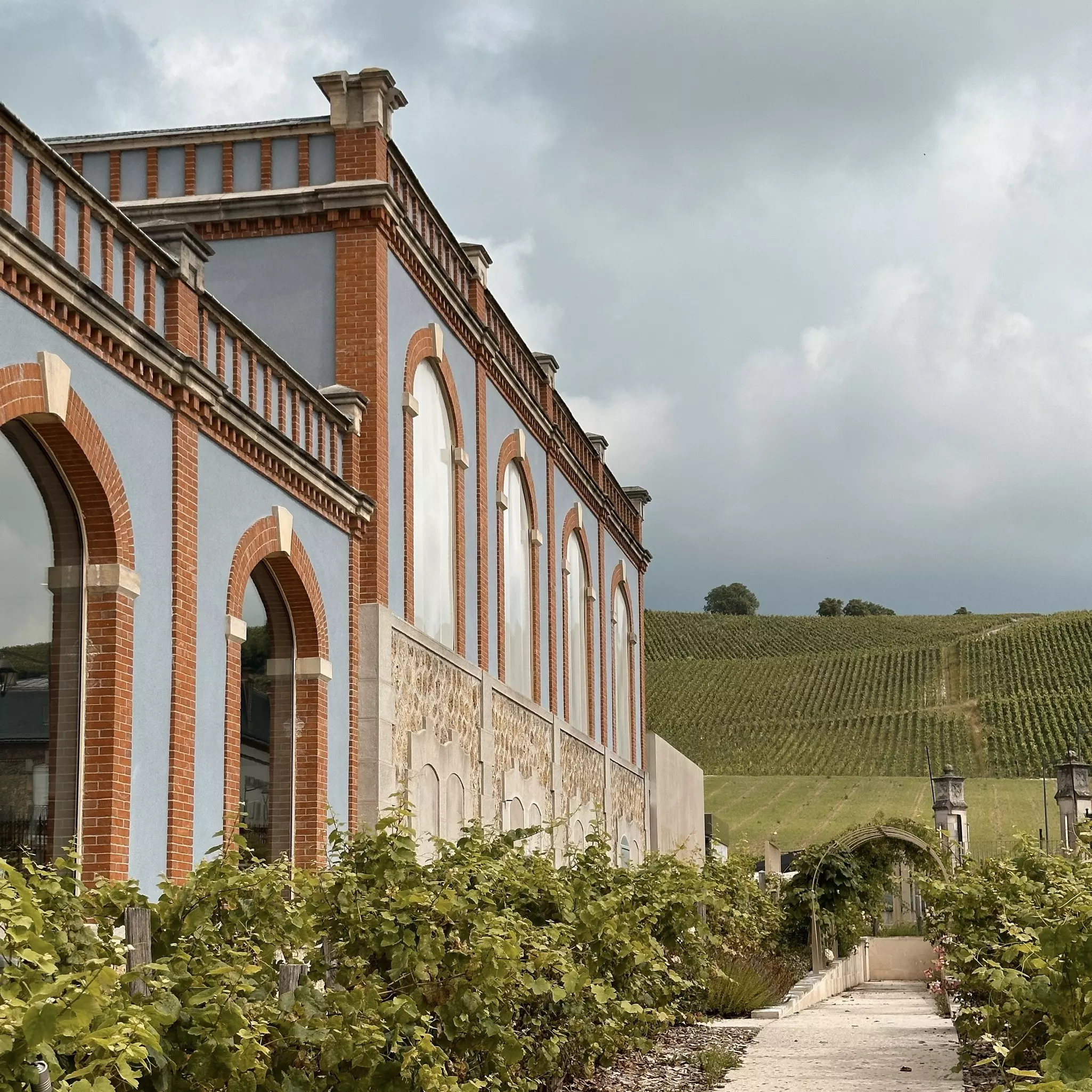 The exterior of a manor house is seen among fields of Champagne grapes at a vineyard.