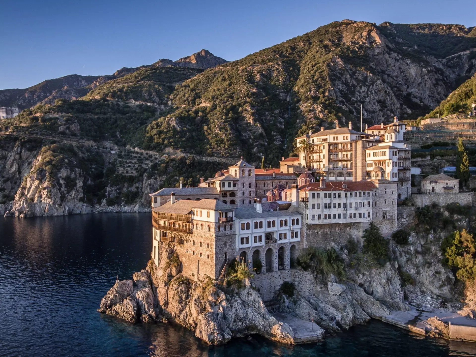 Monastery of St Gregory, Mt Athos, Halkidiki. Icarus Aerial Filming/Shutterstock